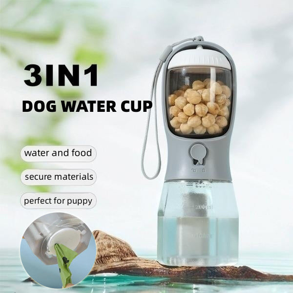 3-in-1 Dog Travel Cup – Water, Food & Waste Bag Dispenser